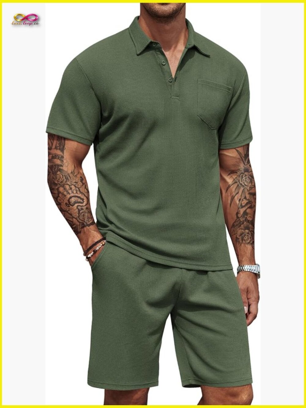 Men's Waffle Knit Polo Shirt and Shorts Set 2 Piece Summer Casual Tracksuit